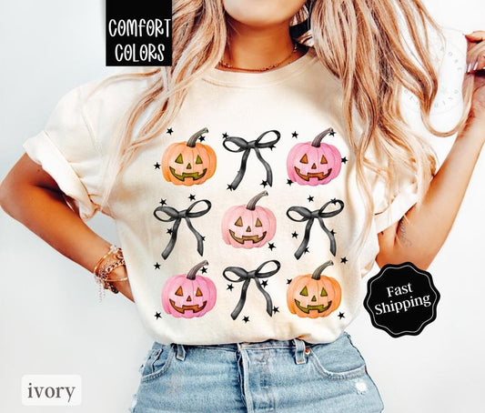 Coquette Halloween Shirt Comfort Colors, Pumpkin Bow Tshirt,  Jack-O-Lantern Tee, October Vibes Shirt for Women Oversized Crewneck