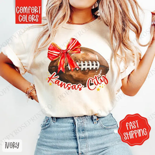 Coquette Kansas City Football Bow Shirt Comfort Colors, Women's Football Tee, Fall Womenswear Oversized Crewneck