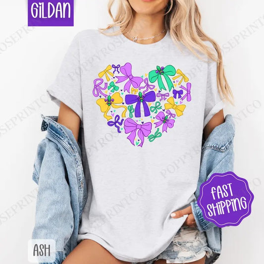 Coquette Mardi Gras Heart  Shirt Gildan, Mardi Gras Bows Women's Tee, Holiday Women's Tshirt Plus Sizes