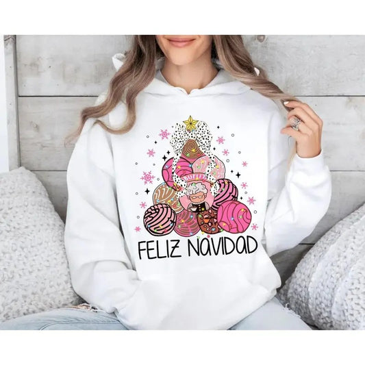 Coquette Mexican Christmas Sweatshirt with Pan Dulce and Chocolate Design, Unisex Holiday Hoodie for a Cozy Pink Christmas Celebration
