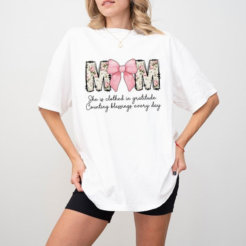 Coquette Mom Shirt, Pink Bow Shirt, Floral Shirt For Mom, Pink Mom T-shirt, Wildflowers Mom Shirt, Shirt For Women, Mom Coquette Bow Shirt, Mother's Day Shirts, Christian Mom Shirt, Women Tops, Cute Tee For Mom Casual Comfort Womenswear