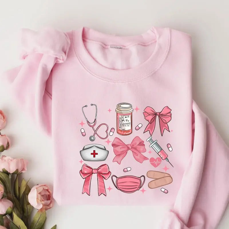 Coquette Nurse Sweatshirt, Pink Bow Nurse Sweatshirt, Softcore Nurse Graduation, Girly Nurse Birthday Gift, New Nurse Tee...