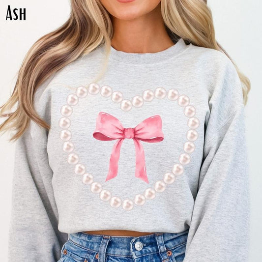 Coquette Pearl Heart Sweatshirt, Pink Ribbon Sweatshirt, Riboon Pearl Sweater, Preppy Cottagecore Crewneck, Trendy Coquette Crewneck