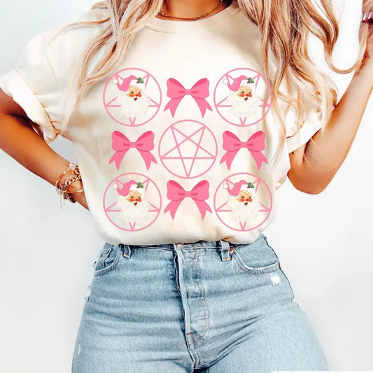 Coquette Pentagram Santa Shirt, Irreverent Pink Christmas Santa and Bow Lover Tee, Pastel Goth Occult Santa Lover Gift Idea