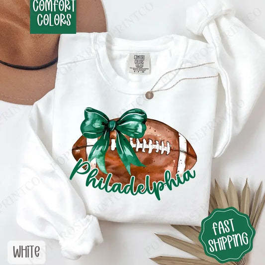 Coquette Philadelphia Football Bow Comfort Colors Sweatshirt, St Patrick's Day Women's Crewneck, Cute Women's Sweater