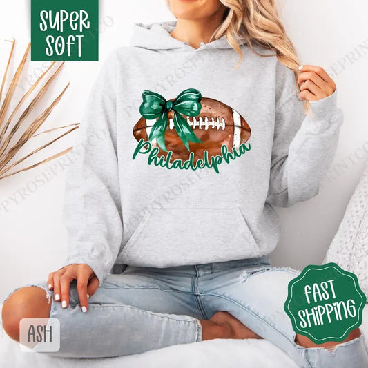 Coquette Philadelphia Football Bow Hoodie, Football Women's Crewneck, Trendy Women's Hooded Sweater