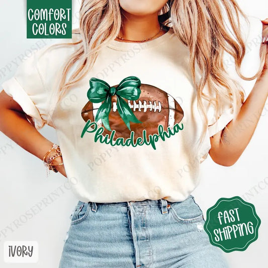 Coquette Philadelphia Football Bow Shirt Comfort Colors, Women's Football Tee, Fall Womenswear Oversized Crewneck