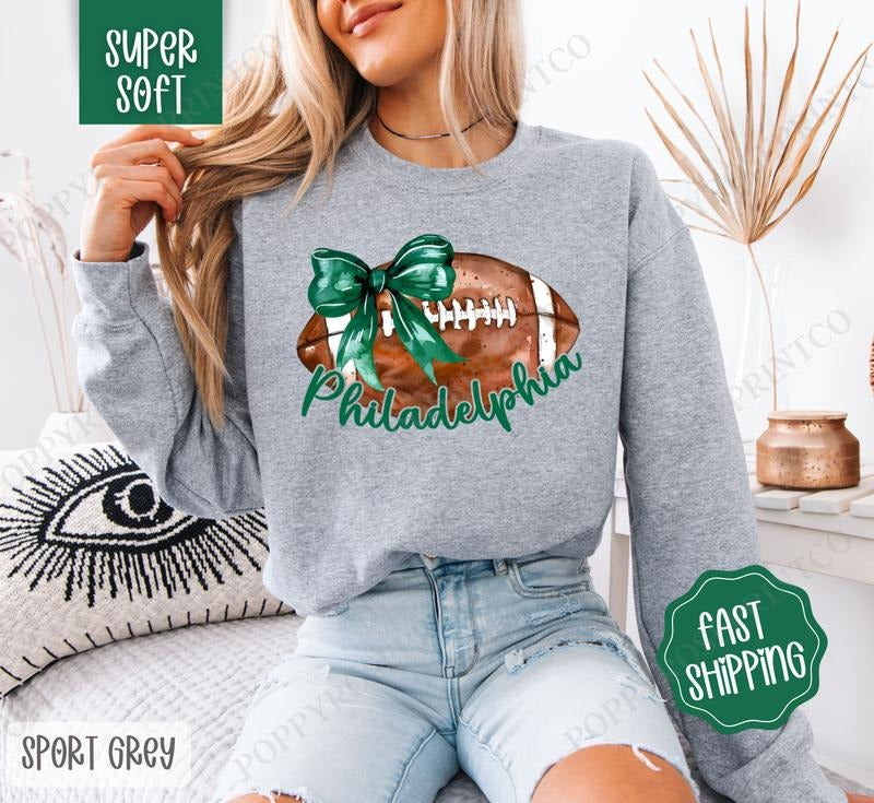 Coquette Philadelphia Football Bow Sweatshirt, Game Day Football Crewneck, Fall Women's Sweatshirt