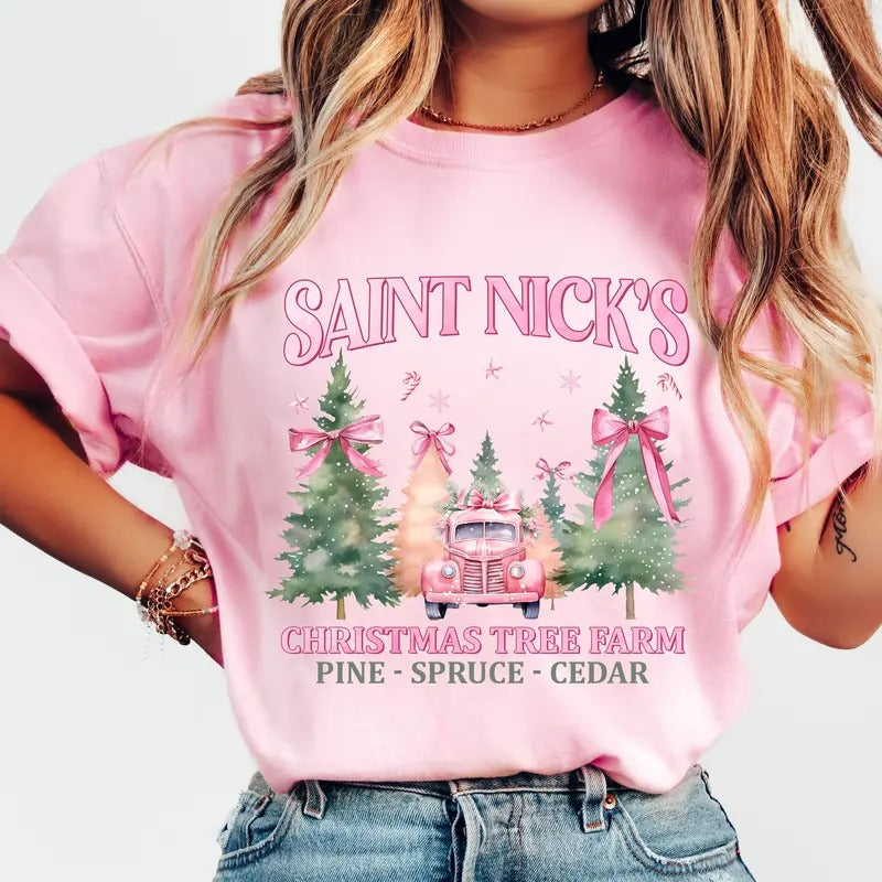 Coquette Pink Christmas Shirt, Saint Nicks Christmas Tree Farm Sweatshirt, Pink Bow Christmas Shirt, Trendy Santa Crewneck, Christmas Cotton Fabric