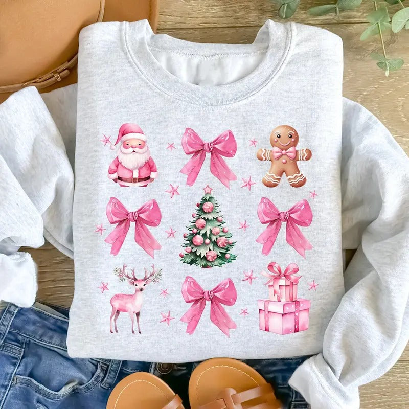 Coquette Pink Christmas Sweatshirt, Pink Bow Christmas Sweater, Trendy Santa Shirt, Xmas Christmas Sweatshirt, Vintage Christmas Crewneck, Christmas Tree, Winter Holiday Sweatshirt, Xmas Christmas Gift Shirt
