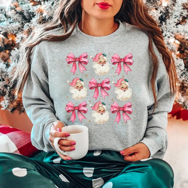 Coquette Pink Christmas Sweatshirt, Pink Bow Christmas T-Shirt, Retro Pink Santa Shirt, Christmas Coquette Sweatshirt, Coquette Christmas Sweater