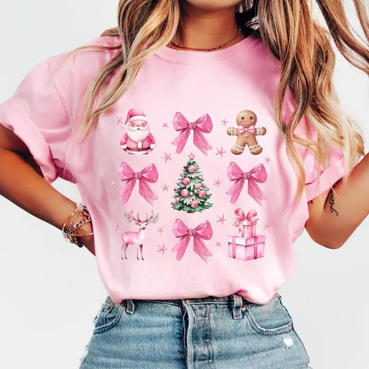 Coquette Pink Christmas T-Shirt, Pink Bow Christmas Shirt, Trendy Santa Sweatshirt, Vintage Christmas T-Shirt, Christmas Tree Sweatshirt