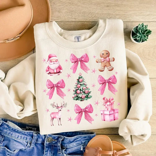 Coquette Pink Christmas Tshirt Sweatshirt, Pink Bow Christmas Shirt, Trendy Santa Shirt, Christmas Shirt