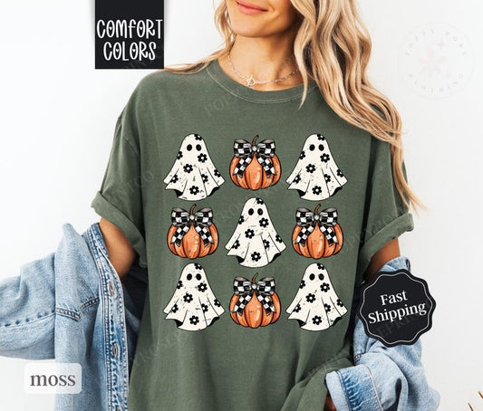 Coquette Pumpkin Shirt Comfort Colors, Fall Ghost Tshirt, Coquette Clothing, October Vibes Shirt for Women Oversized Crewneck Tee