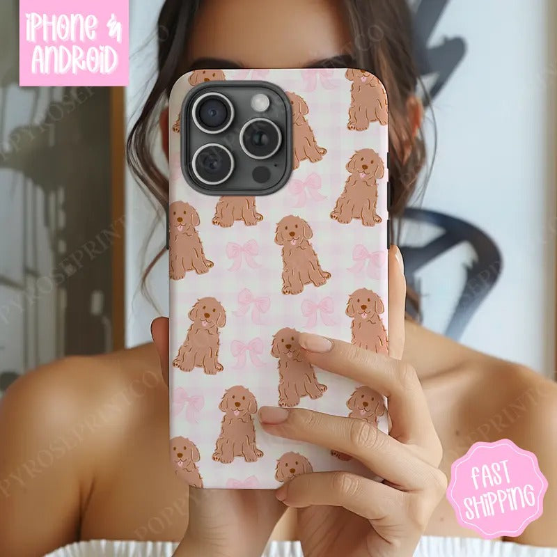 Coquette Puppy Phone Case, Pink Bows Phone Case Mag Safe Compatible, Magnetic Tough Cases