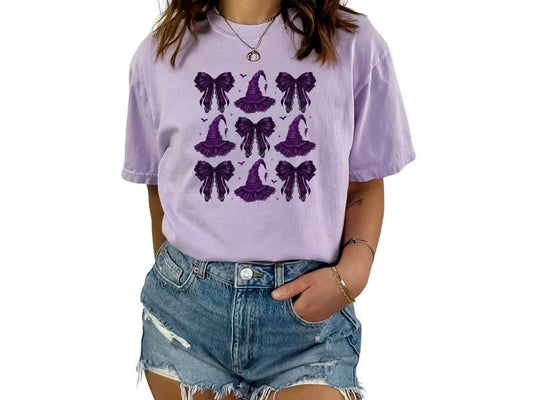 Coquette Purple Witch Hat & Bow Halloween Shirt, Casual Halloween Shirt for Women, Graphic Halloween T-Shirt, Halloween Tees, Comfort Womenswear Top, Crewneck T Shirt, Halloween Apparel