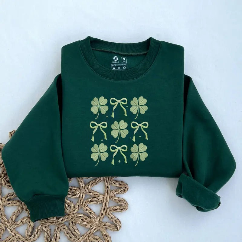 Coquette Shamrock Embroidered Sweatshirt, St Patrick's Day Sweater, Green Gift for Her, Lucky Clover Sweatshirt