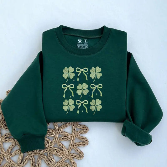 Coquette Shamrock Embroidered Sweatshirt, St Patrick's Day Sweater, Green Gift for Her, Lucky Clover Sweatshirt