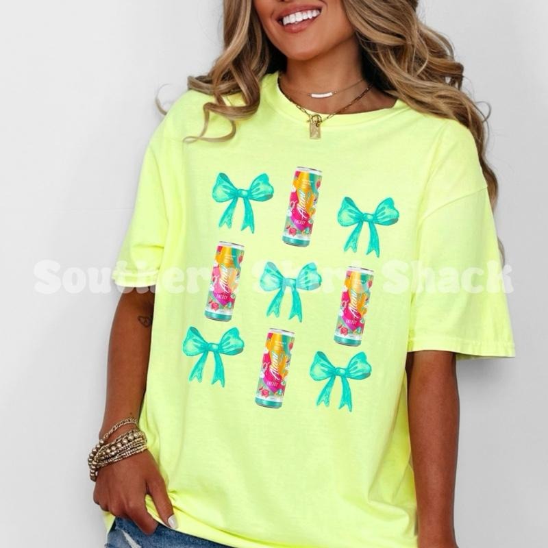 Coquette Sherbet Energy Drink & Bows | neon yellow comfort colors t shirt