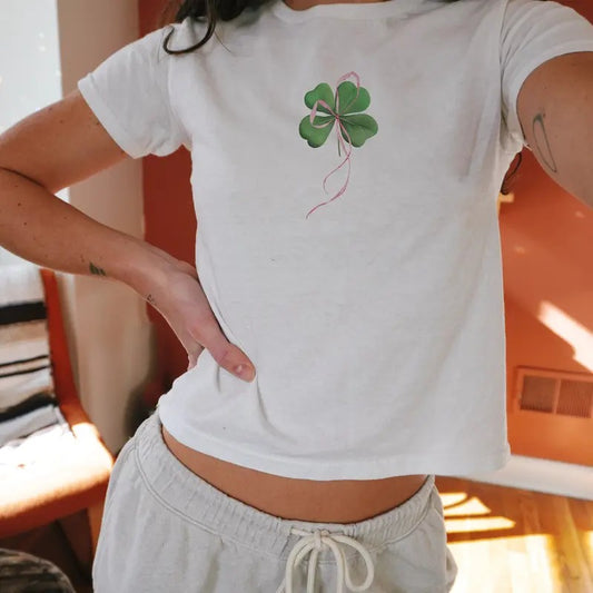 Coquette Shirt Y2k Baby Tee Shamrock Bow Lucky Baby Tee 90s St Patricks Day Baby Tee Lucky Girl Shirt Irish Crop Top Coquette Aesthetic