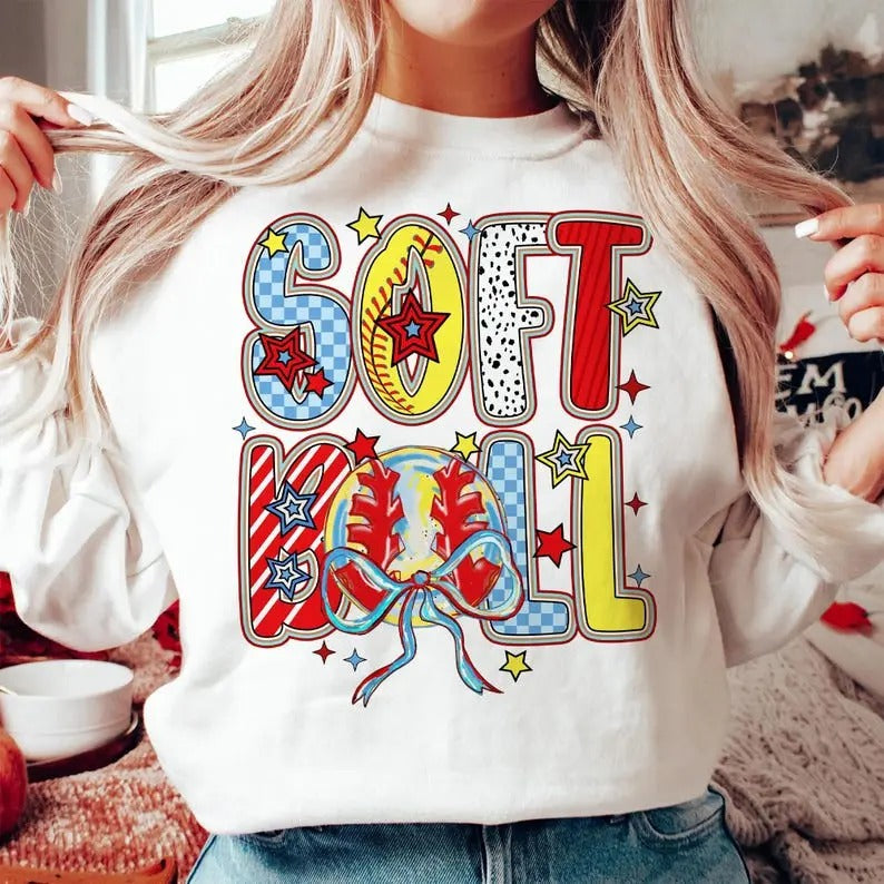 Coquette Softball Brushstroke Sweatshirt Softball Coquette Game Day Softball Bow Softball Mom
