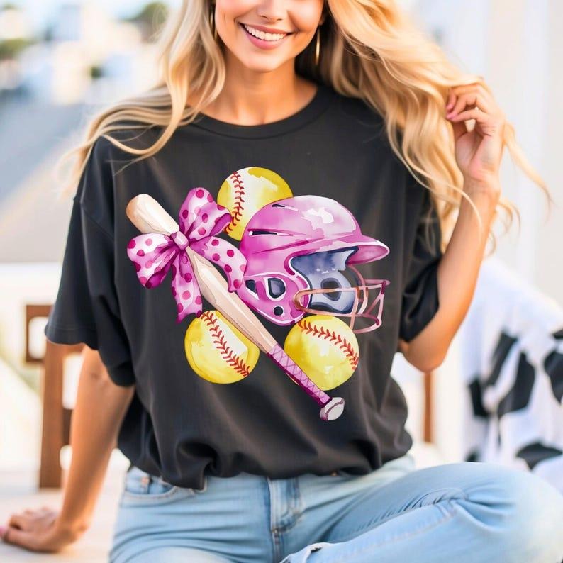 Coquette Softball Watercolor t-shirt,sweatshirt,hoodie, Soft Girl Era sweatshirt, Social Club hoodie, Coquette Era tshirt, Softball Design Download, Pink Bow Softball Png