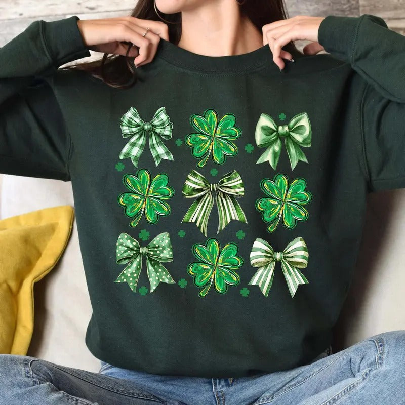 Coquette St. Patrick's Day Sweatshirt - Cute Shamrock Bow Clover Sweater for Women, Aesthetic St. Patty's Day Pullover