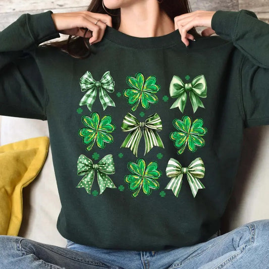 Coquette St. Patrick's Day Sweatshirt - Cute Shamrock Bow Clover Sweater for Women, Aesthetic St. Patty's Day Pullover