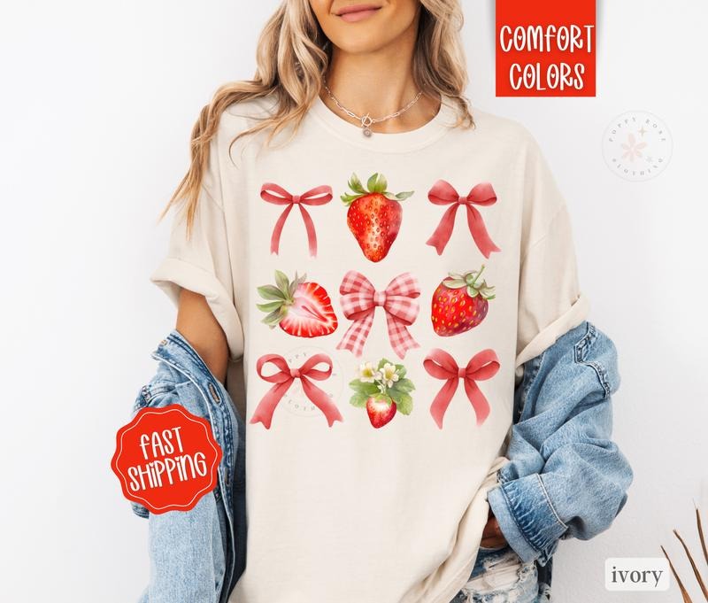Coquette Strawberry Comfort Colors Shirt, Strawberry Bow Tshirt, Women's Tee