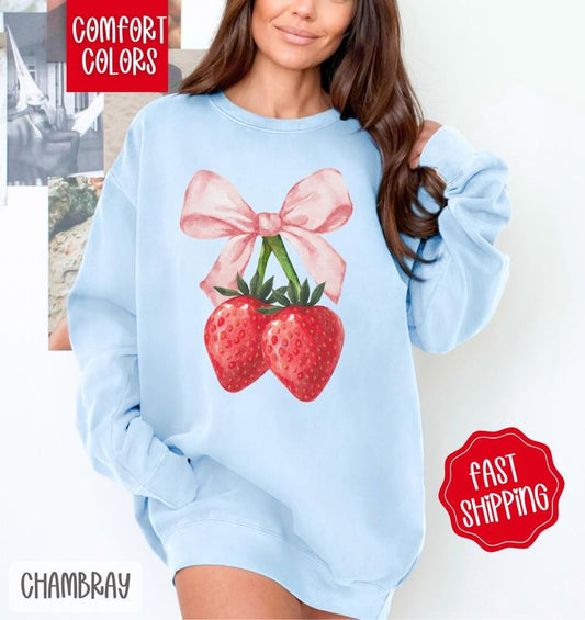 Coquette Strawberry Comfort Colors Sweatshirt, Cute Berry Bow Crewneck, Trendy Women's Sweater, Gift for Her