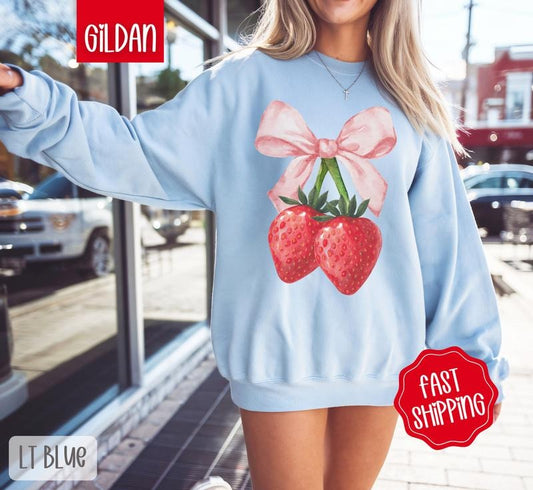 Coquette Strawberry Sweatshirt, Cute Berry Bow Crewneck, Trendy Women's Sweater, Gift for Her