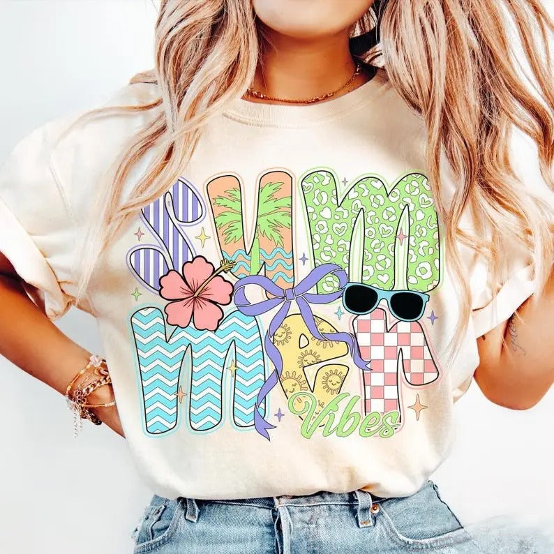 Coquette Summer Vibes Tshirt, Preppy Summer Shirt, Retro Beach Tee, Trendy Summer T-Shirt Top Womenswear