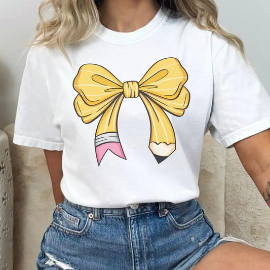 Coquette Teacher Shirt, Coquette Pencil Bow T-Shirt, Trendy Back to School Tee, Appreciation Gift, Elementary Teacher Gift, Lady Top, Full Sizes, Full Colors, Cotton Crewneck Shirt for Women, Womenswear, Graphic Printed Tee