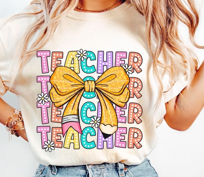 Coquette Teacher Tshirt, Back to School Tee, Teacher Appreciation Shirt, First Day of School T-Shirt, Bright Doodle Dots, Retro Teacher