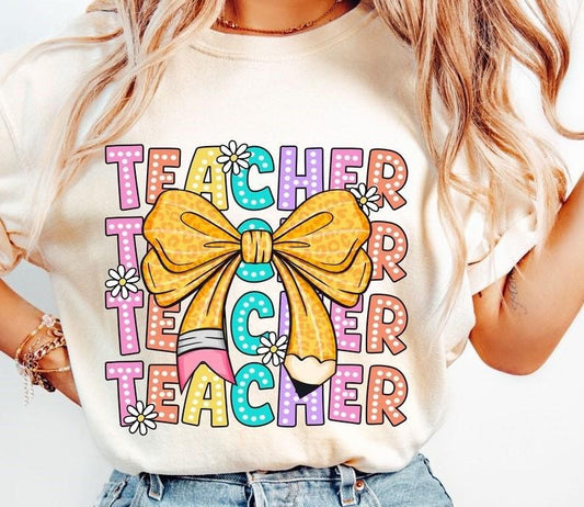 Coquette Teacher Tshirt, Back to School Tee, Teacher Appreciation Shirt, First Day of School T-Shirt, Bright Doodle Dots, Retro Teacher