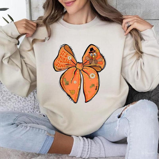 Coquette Turkey Bow Sweatshirt, Thanksgiving Shirt, Glitter Turkey Bow Sweatshirt, Fall Pumpkin Shirt, It's Turkey Time Shirts, For Men, For Women