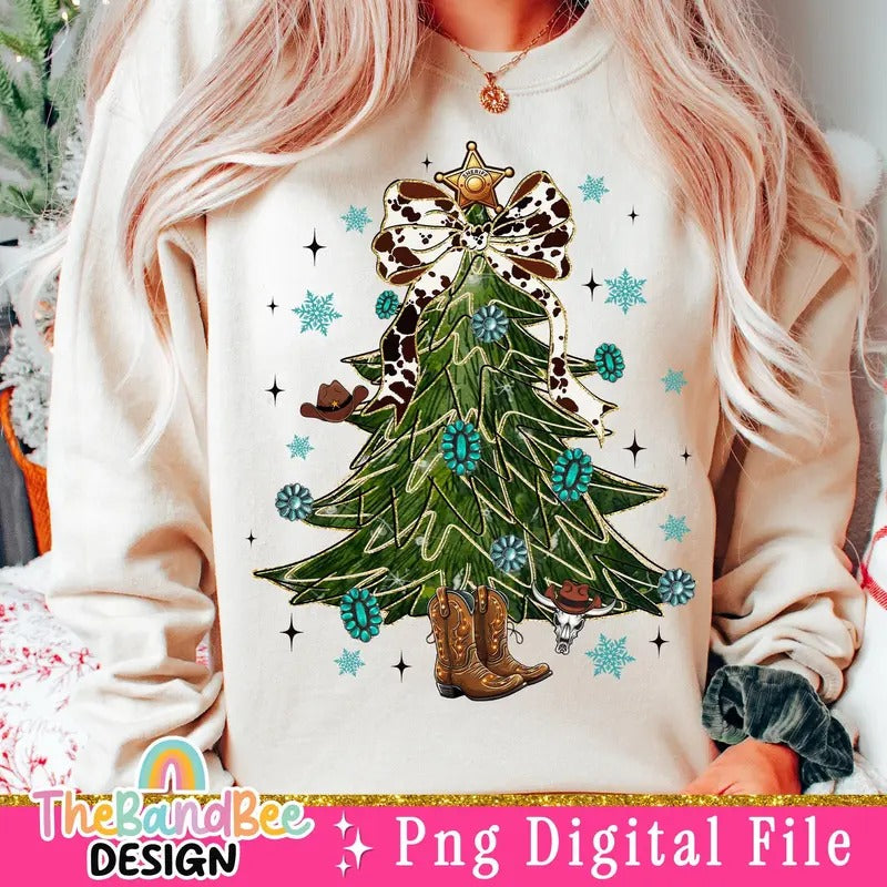 Coquette Turquoise Christmas Tree Shirt, Western Christmas Shirt, Gemstone Shirt, Christmas Tree Shirt, Cowhide, Western Country, Christmas Shirt Soft Cotton Shirt, Christmas Gift Idea, Gift For Him, Gift For Her