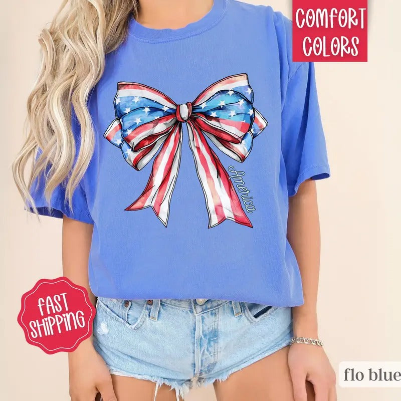 Coquette USA Bow Shirt Comfort Colors, America Shirt for July 4th, Memorial Day Shirt, USA Shirt, Election Shirt, Patriotic Bow Shirt