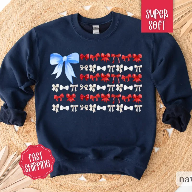 Coquette USA Bow Sweatshirt, Flag Sweater, Patriotic Shirt, July 4th Outfit, Red, White and Blue Bow Sweatshirt
