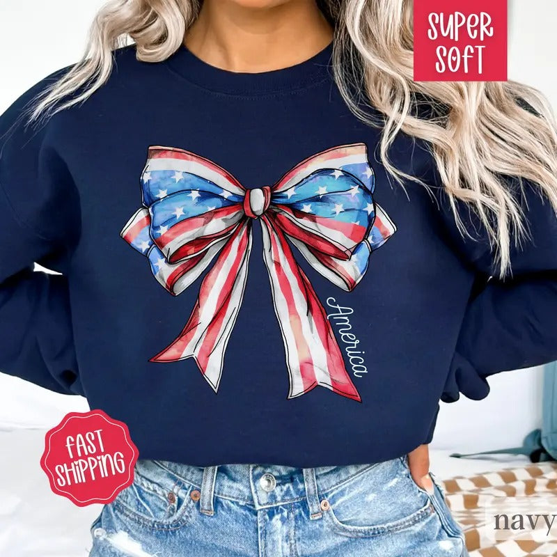 Coquette USA Bow Sweatshirt, USA Sweatshirt, America Bow Sweater, Flag Sweater, July 4th Outfit