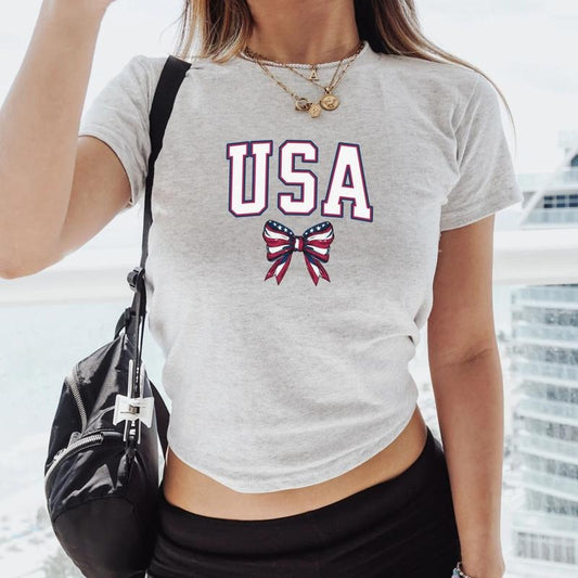 Coquette USA Flag Baby Tee, 4th Of July Flag Baby Tee, Fourth Of July Cute Bow T-Shirt, Y2k USA Flag Shirt, Patriotic Baby Tee