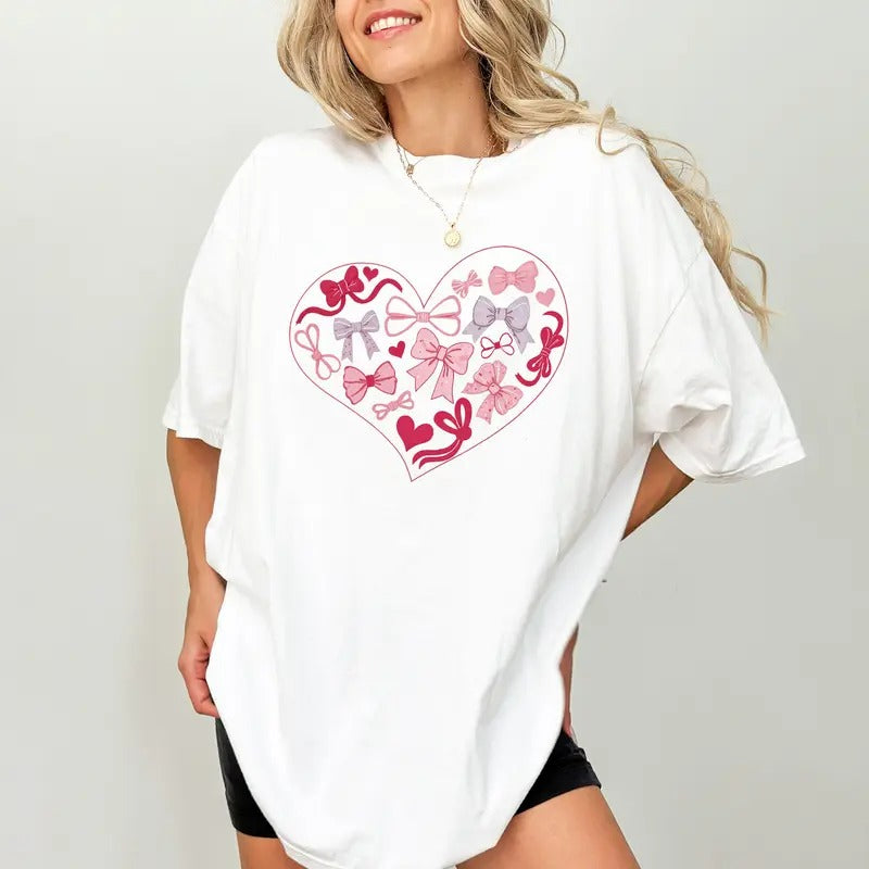 Coquette Valentine Heart Comfort Colors Shirt, Coquette Valentine Bows Graphic Tee, Cute Women Tee, Valentine's Day Gift For Her