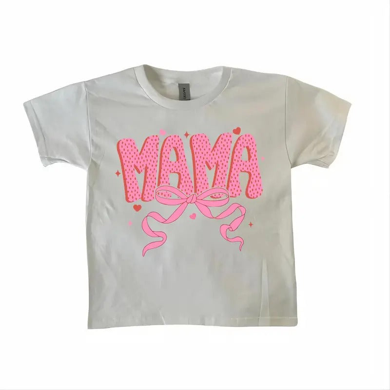 Coquette Valentine Mama Baby Tee, Valentines Pink Bow Baby Tee, Pink Mama Valentines Day Baby Tee Fabric Fit