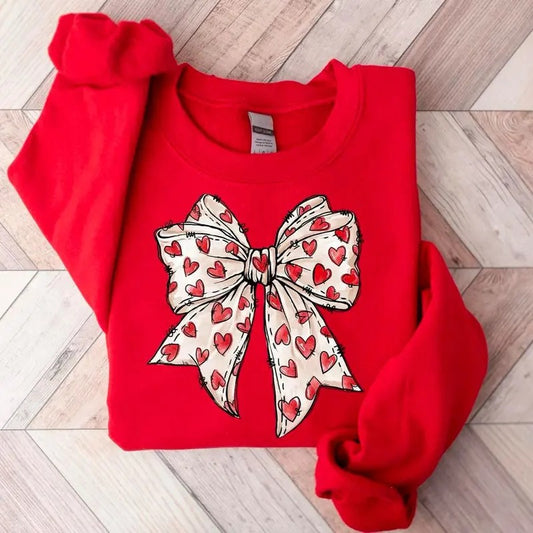 Coquette Valentine's Day Heart Bow Sweatshirt, Retro Valentine Shirt, Valentines day Bow Sweatsirt, Coquette Bow Shirt, Bow Valentine Gifts