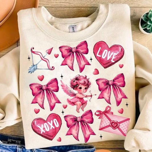 Coquette Valentines Day Sweatshirt Pink Valentine Bow , Valentine Heart Coquette Bow , Valentine Cupid  , XOXO , Retro Valentine