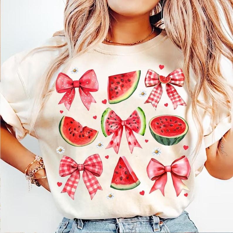 Coquette Watermelon Preppy Mama Watermelon Glitter Cute Watermelon Floral Everyday Preppy Summer Girly Summer T-Shirt
