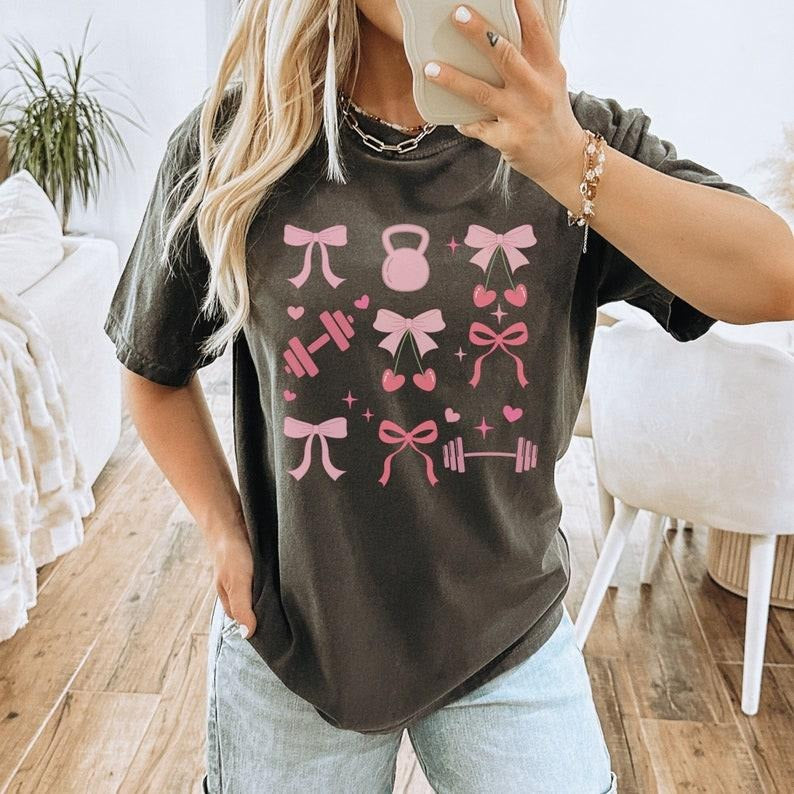Coquette Workout Shirt, Pump Cover, Gift for Gym Lover, Fitness Shirt, Trendy Workout Top, Gym Girl, Coquette Bow Barbell