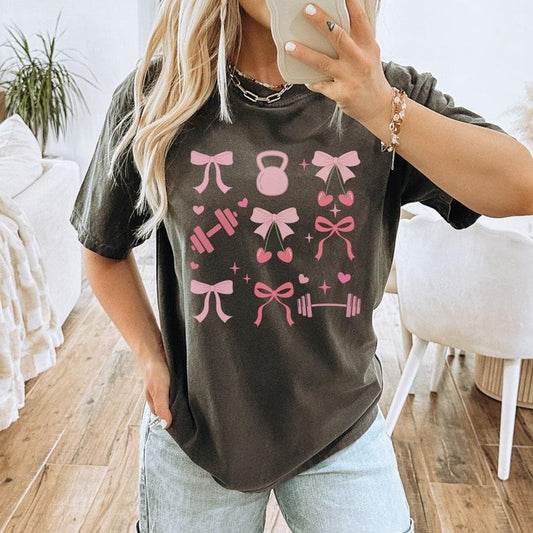 Coquette Workout Shirt, Pump Cover, Gift for Gym Lover, Fitness Shirt, Trendy Workout Top, Gym Girl, Coquette Bow Barbell
