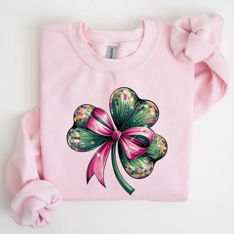 Coquette, Disco Ball, Bow, Shamrock, Clover, Irish, Lucky, Lucky Charm, St Patrick's Day Sweatshirt, Crew Neck, Women's, Crewneck
