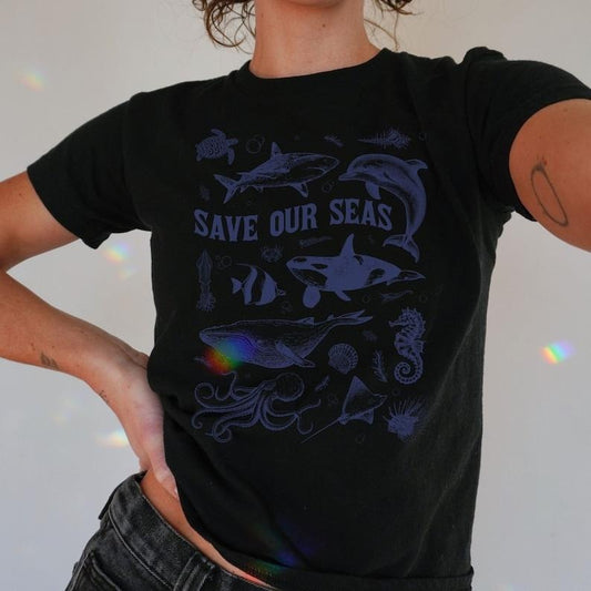 Coquettish Save Our Oceans Baby Tee,2000s Crop TShirt Y2K,90s Coquette Sea Creatures Shirt,Gift Shark Meme T-Shirt Cropped,Cool Girl Shirt